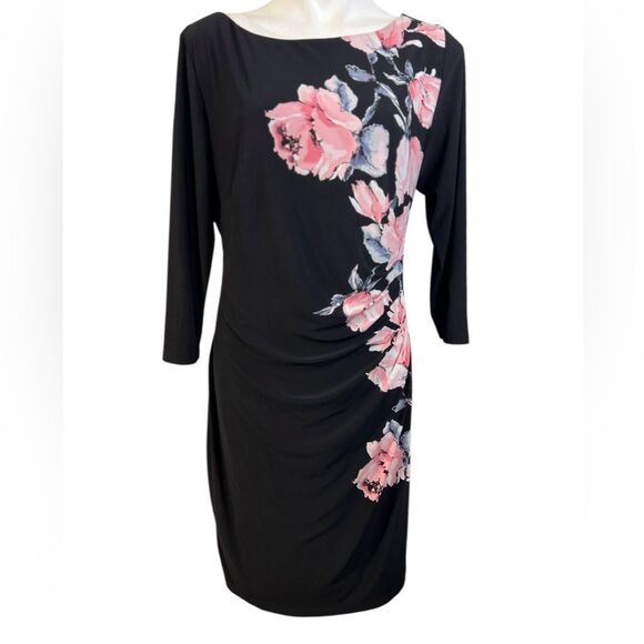 Anne Klein dress XL black multicolor floral 3/4 sleeve knee length office church - Picture 2 of 5